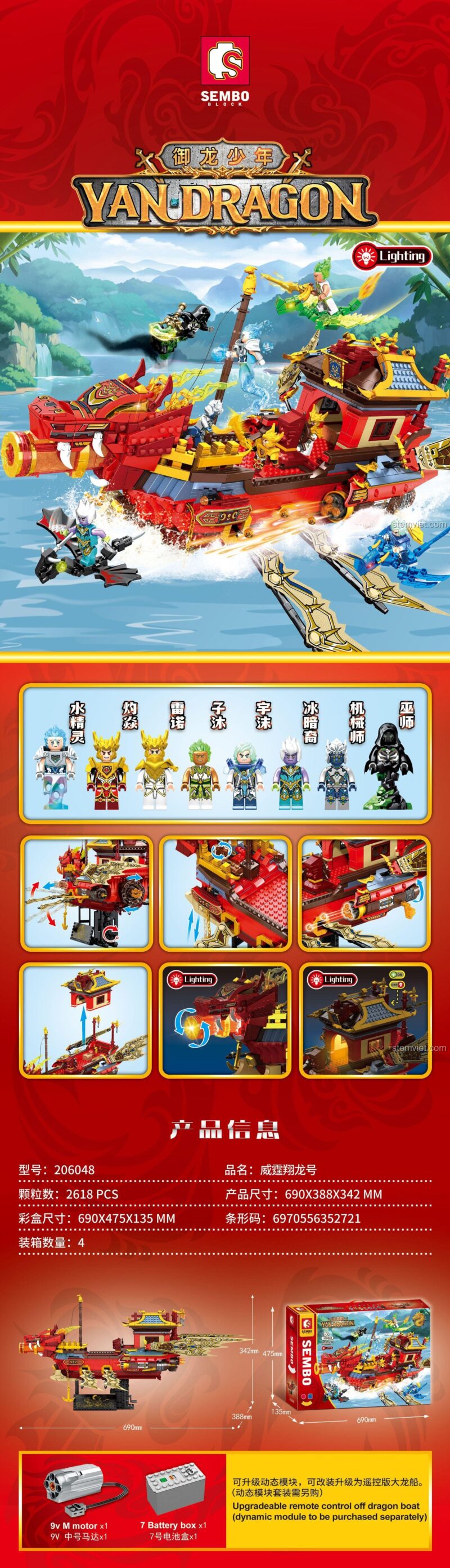 Poster chi tiết các tính năng của đồ chơi xây dựng Yan Dragon 206048, bao gồm 7 minifigures, đèn LED và kích thước.