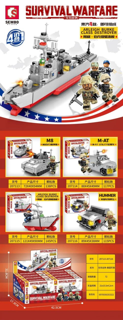 Bộ lắp ráp quân sự 4 trong 1 Sembo 207113-207116, đồ chơi lắp ráp tàu khu trục, xe tăng, xe Humvee, xe vận tải quân sự cho bé trai 6 tuổi, giá tốt.