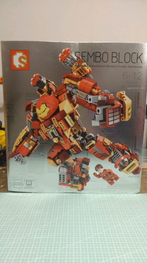 Mặt sau hộp bộ xếp hình SEMBO 60030 Robot Hulkbuster MK44 với 616 mảnh ghép, phù hợp cho bé trai từ 6-12 tuổi.