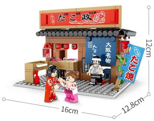 Bộ lắp ghép Cửa hàng Takoyaki SEMBO 601072 hiển thị kích thước mô hình 16x12.8x12cm, phù hợp cho bé trai và bé gái 6 tuổi, giá tốt.