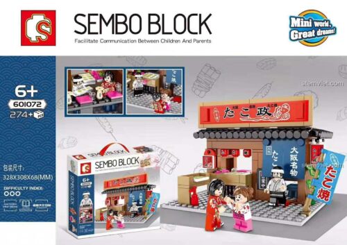 Hộp bộ đồ chơi mô hình Cửa hàng Takoyaki SEMBO 601072 với 274 chi tiết, dành cho trẻ 6 tuổi trở lên, chất lượng cao.