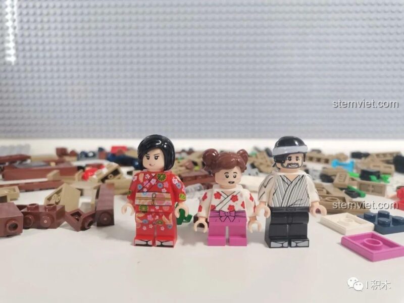 Ba minifigures đáng yêu đi kèm bộ lắp ghép Cửa hàng Takoyaki SEMBO 601072, bao gồm người bán hàng và khách hàng, tăng cường trải nghiệm chơi nhập vai.