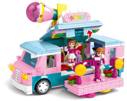 Mô hình hoàn thiện của bộ lắp ráp SEMBO 604001 Xe phỏng vấn của Tiểu Linh, với hai nhân vật đang biểu diễn trên sân khấu mở ra từ xe. Đồ chơi cho bé gái 6 tuổi, giá tốt.