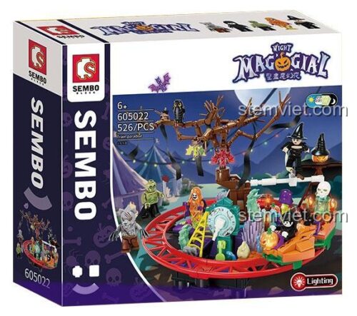 Hộp đồ chơi lắp ráp SEMBO 605022 Công viên xe lửa ma quái Halloween, bộ xếp hình 526 mảnh, chủ đề Halloween độc đáo, cho bé 6 tuổi.
