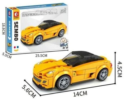 Bộ lắp ghép Ferrari 599 GTO SEMBO 607107 màu vàng, đồ chơi mô hình siêu xe cho bé trai 6 tuổi, thể hiện kích thước hộp và mô hình, giá tốt.