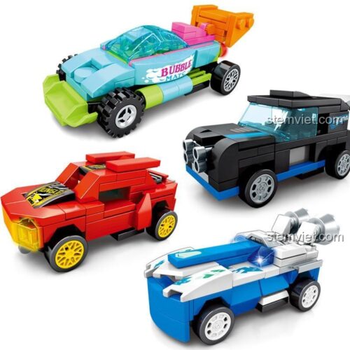 Bốn mẫu xe đua kéo lùi SEMBO 607200A, 607200B, 607200D, 607200C với màu sắc nổi bật, đồ chơi lắp ráp cho bé trai 6 tuổi.