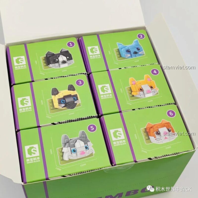 Các hộp nhỏ bên trong bộ lắp ghép Mèo Xiêm SEMBO 610027, đồ chơi mô hình Mèo dán tủ lạnh cho bé gái 6 tuổi