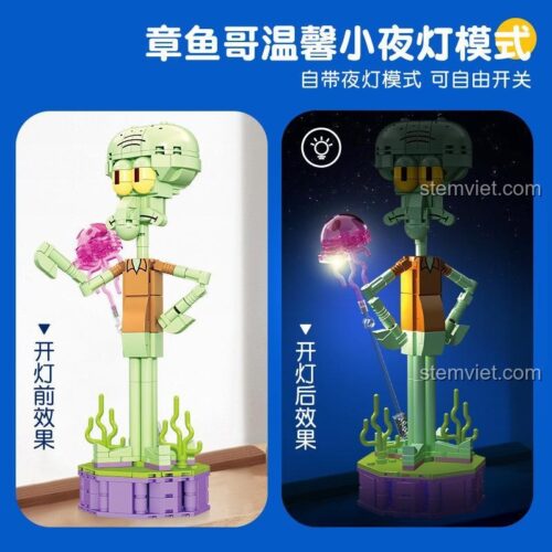 Hiệu ứng đèn LED của mô hình Bạch Tuộc Xấu Xí Squidward SEMBO 612200, bộ lắp ghép đèn ngủ Squidward, đồ chơi mô hình nhân vật hoạt hình có đèn cho bé 6 tuổi.
