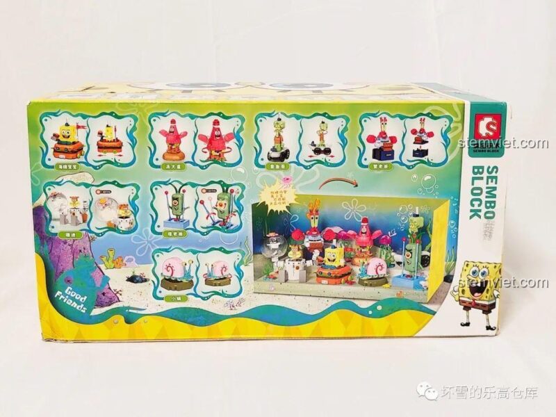 Bộ xếp hình Nhân vật hoạt hình SpongeBob Sembo 612211 với thiết kế hộp độc đáo, có thể dùng làm đế trưng bày, phù hợp bé 6 tuổi.