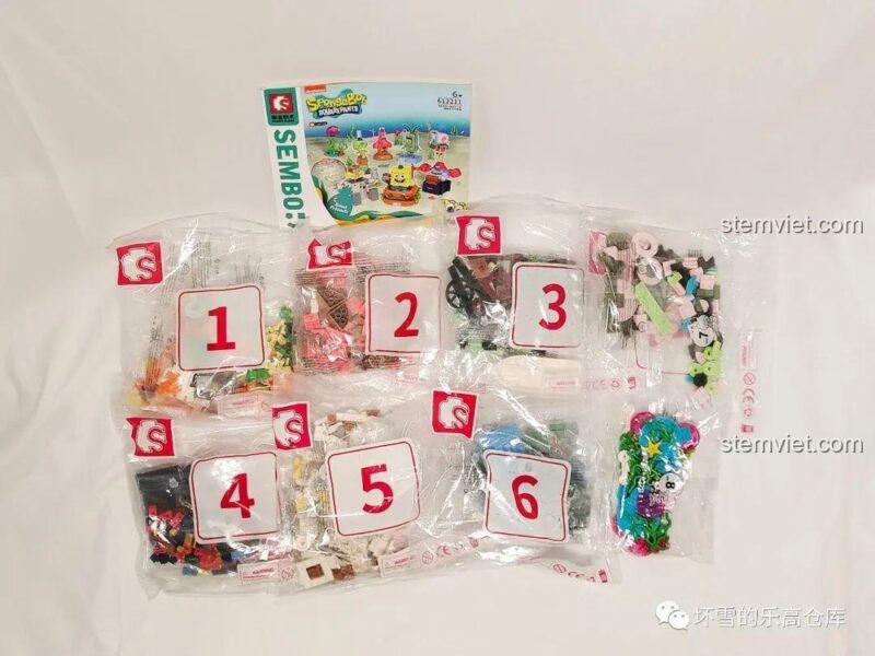 Bộ lắp ráp SpongeBob 2211 các túi mảnh ghép được đánh số, giúp bé trai và bé gái 6 tuổi dễ dàng lắp ráp theo hướng dẫn.