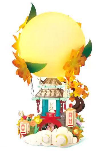 Mô hình hoàn thiện của bộ lắp ghép Đèn lồng Trung Thu Đình Các Nguyệt Ảnh SEMBO 613014, nổi bật với vầng trăng lớn màu vàng và đình các tinh xảo.