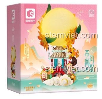 Hộp sản phẩm đồ chơi xếp hình SEMBO 613014, thiết kế màu hồng và xanh pastel, hình ảnh mô hình Đình Các Nguyệt Ảnh lung linh.