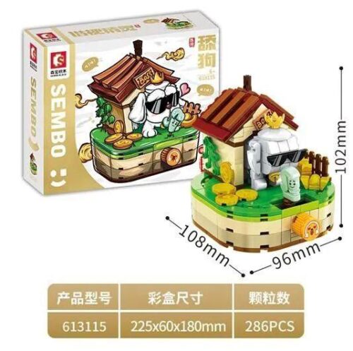 Hộp và mô hình đồ chơi lắp ráp SEMBO 613115 Yêu Tinh Đồng Âm Chú Chó Si Tình, hiển thị rõ kích thước sản phẩm, phù hợp cho con trai 6 tuổi.