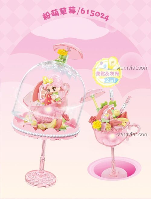 Poster bộ đồ chơi xếp hình SEMBO 615024, mô tả tính năng 2 trong 1 thay đổi và phát sáng.