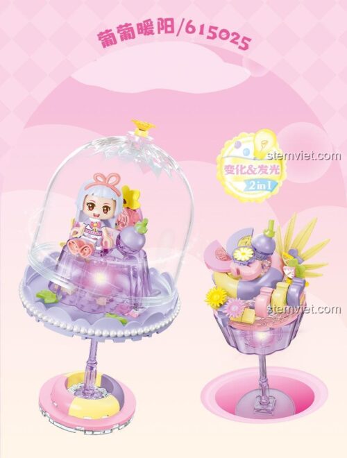Mô hình Đèn Bánh Pudding Lấp Lánh Tím Mộng Mơ SEMBO 615025 đã lắp ráp hoàn chỉnh, với minifigure dễ thương và ánh sáng lung linh.