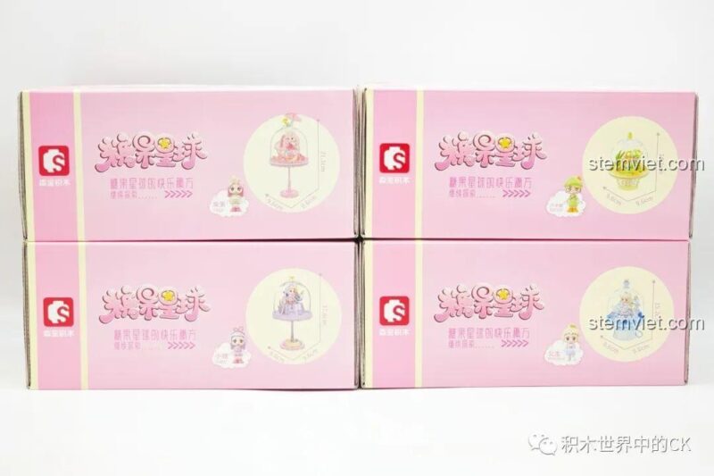 Mặt sau hộp đồ chơi mô hình 615027, giới thiệu các mẫu đèn bánh pudding khác trong series Candy Planet, cho bé gái 6 tuổi.