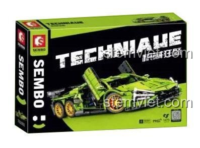 Hộp sản phẩm bộ lắp ráp SEMBO 701001 Siêu Xe Lamborghini Veneno 6 Bánh Xanh Lá, đồ chơi lắp ghép 1475 mảnh Technic, giá tiết kiệm cho bé trai 6 tuổi.