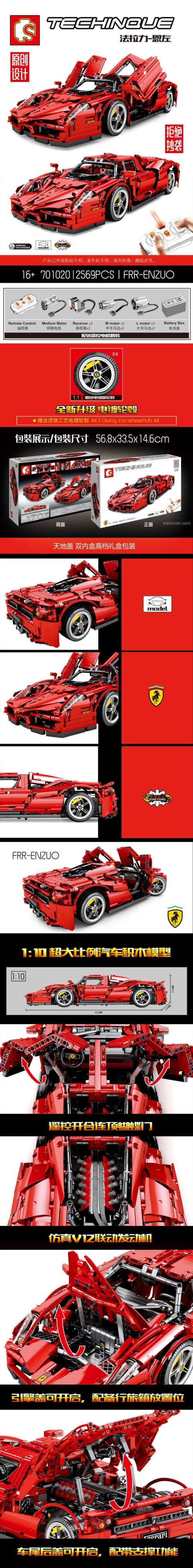 Hộp bộ lắp ráp siêu xe Ferrari Enzo SEMBO 701020, thể hiện tỉ lệ 1:10, 2569 khối lắp ghép, có tính năng điều khiển từ xa và động cơ, phù hợp cho thanh niên đam mê tốc độ.