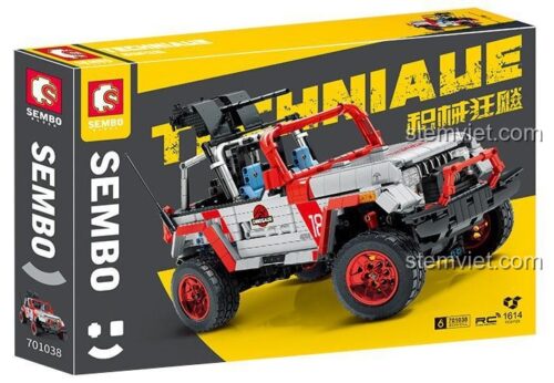 Hộp sản phẩm bộ đồ chơi SEMBO 701038 Xe Jeep Địa Hình Tiên Phong Điều Khiển Từ Xa, hộp màu vàng đen nổi bật, thể hiện rõ tính năng điều khiển từ xa, phù hợp cho bé trai 6 tuổi.