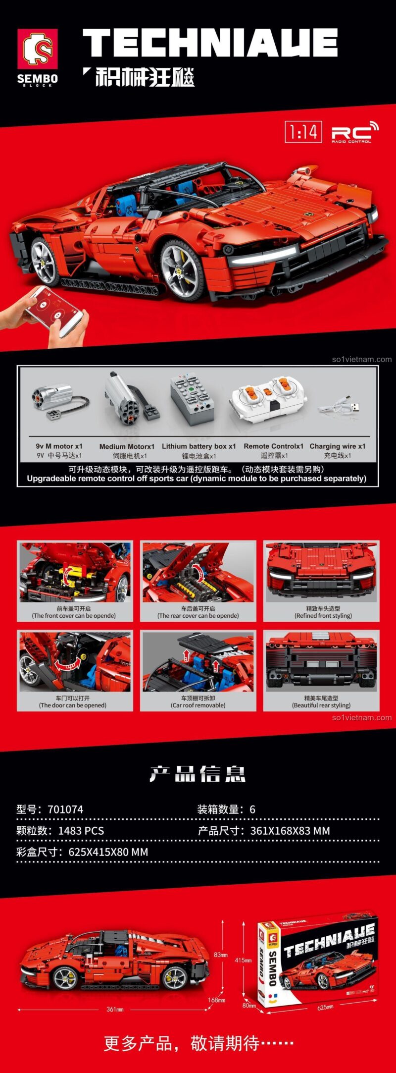 SEMBO 701074 bộ đồ chơi Siêu xe Ferrari Daytona SP3 điều khiển từ xa Tương thích LEGO® Technic, 1483 mảnh ghép, tỉ lệ 1:14, màu đỏ, cho bé trai 6 tuổi, chi tiết cửa mở