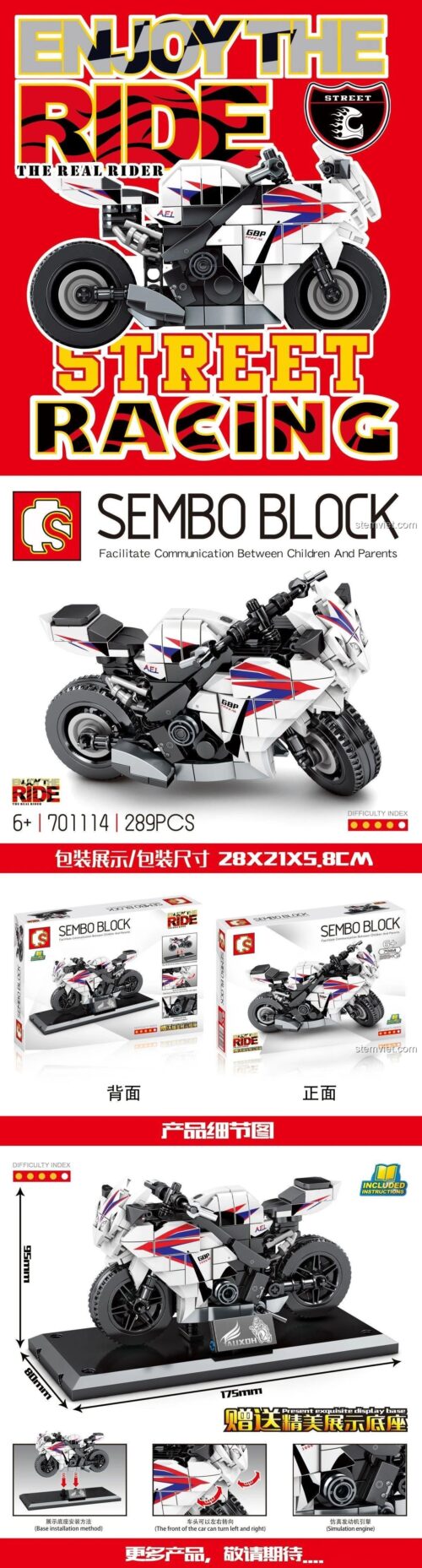Thông số chi tiết bộ xếp hình SEMBO 701114 mô hình xe máy Honda CBR1000RR, gồm 289 mảnh, kích thước 17.5cm.