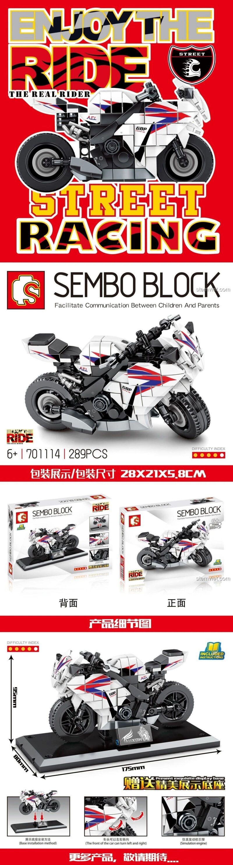 Thông số chi tiết bộ xếp hình SEMBO 701114 mô hình xe máy Honda CBR1000RR, gồm 289 mảnh, kích thước 17.5cm.