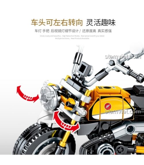 Đồ chơi mô hình xe mô tô SEMBO 701115 với tính năng đầu xe có thể xoay trái phải linh hoạt, mang lại trải nghiệm lắp ráp thú vị cho bé trai 6 tuổi.