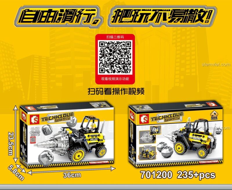Kích thước hộp đồ chơi xây dựng Xe Công Trình Khoan Đá SEMBO 701200, món quà thông minh cho con trai.