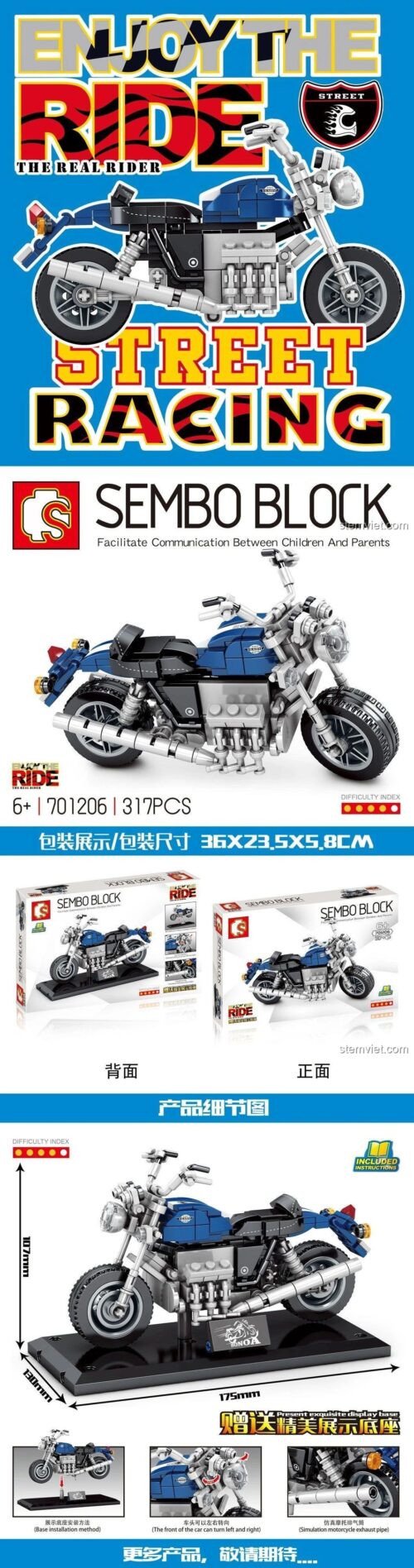 Poster chi tiết bộ lắp ráp xe máy Honda Valkyrie SEMBO 701206, thể hiện kích thước mô hình 17.5cm và các chi tiết động cơ, bánh xe. Món quà sáng tạo cho con trai.