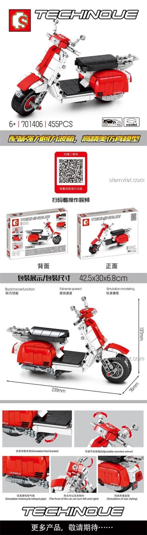 Thông số kỹ thuật bộ xếp hình SEMBO 701406 xe scooter Vespa, 455 chi tiết, có động cơ kéo lùi.
