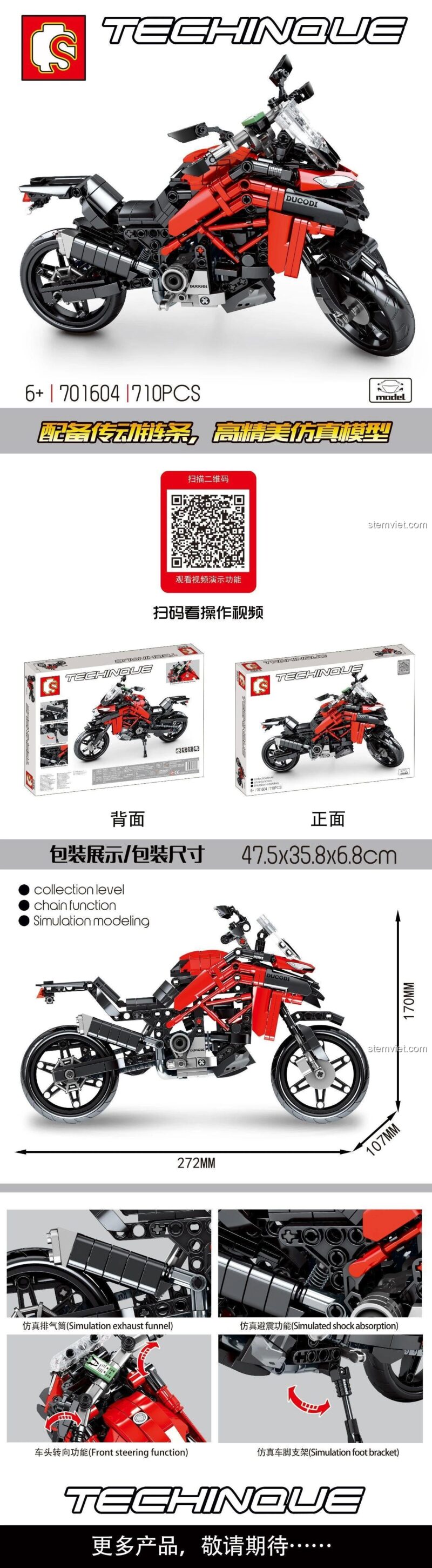 Hộp bộ xếp hình 701604 Mô tô Ducati Radical Matador, đồ chơi mô hình 701604 cho bé trai 6 tuổi, xe mô tô Ducati 701604 với tính năng lái và giảm xóc mô phỏng, giá tiết kiệm.