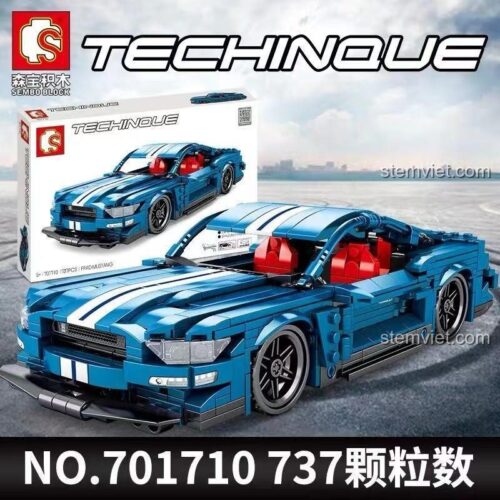 Hộp sản phẩm và mô hình hoàn chỉnh của bộ lắp ráp SEMBO 701710 xe Ford Mustang, một lựa chọn giá rẻ chất lượng cao cho các bé trai.