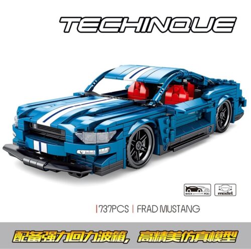 Mô hình đồ chơi lắp ráp SEMBO 701710 xe Ford Mustang màu xanh dương với 737 mảnh ghép, có động cơ kéo lùi, phù hợp cho bé trai 6 tuổi.