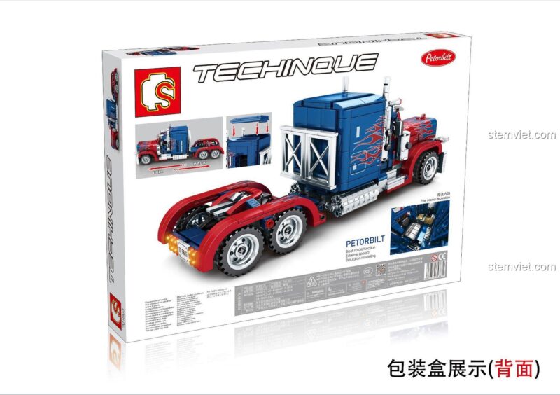Mặt sau hộp SEMBO 701803 Xe Tải Peterbilt 389, thể hiện tính năng kéo lùi và mô hình mô phỏng, đồ chơi xe tải Peterbilt 389 đáng tiền