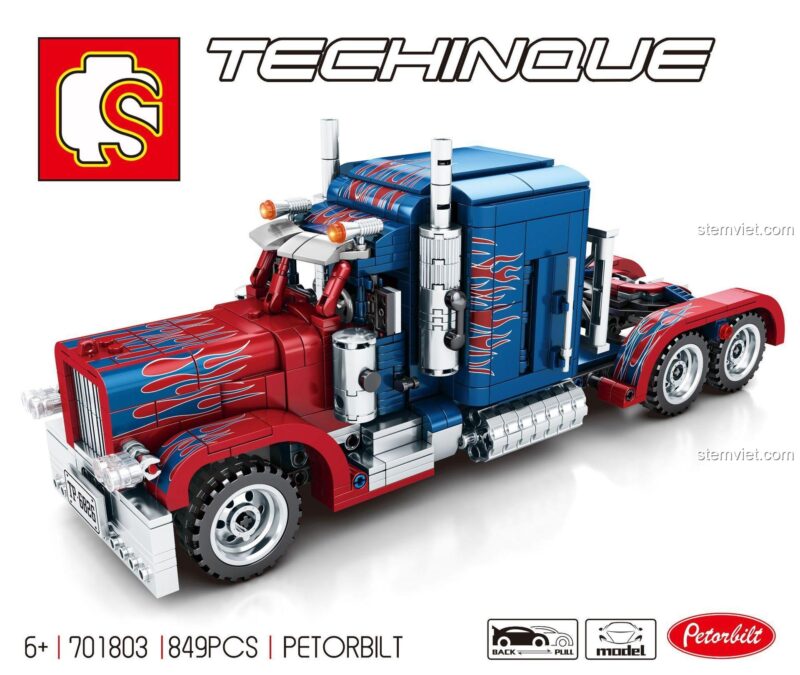 Mô hình SEMBO 701803 Xe Tải Peterbilt 389, xe tải Peterbilt 389 849 mảnh, đồ chơi lắp ráp Peterbilt 389 có tính năng kéo lùi, phù hợp bé trai 6 tuổi