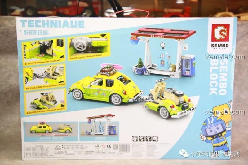 Mặt sau hộp đồ chơi lắp ghép Mô hình xe Beetle SEMBO 701962, hiển thị các chức năng.