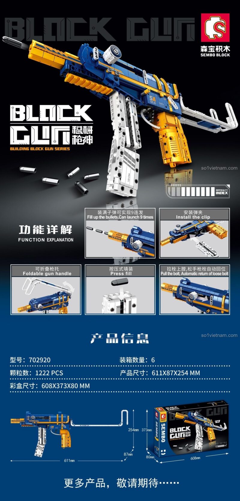 đồ chơi mô hình Súng Tiểu Liên Scorpion Cơ Khí SEMBO 702920, chi tiết 1222 mảnh, có báng gập và cơ chế bắn đạn, chất lượng cao