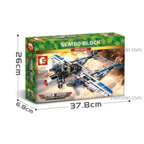 Hộp đồ chơi lắp ráp SEMBO 704300 Chiến đấu cơ P-38 Lightning, 330 chi tiết, thể hiện rõ kích thước hộp sản phẩm.