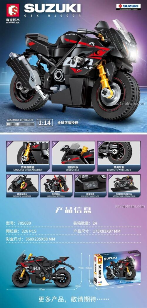 Đồ chơi mô hình Mô hình xe đua Suzuki GSX-R SEMBO 705030, bộ xếp hình Xe máy thể thao Suzuki GSX-R 1000R, 326 mảnh, có giảm xóc mô phỏng, cho bé trai 6 tuổi, giá tiết kiệm
