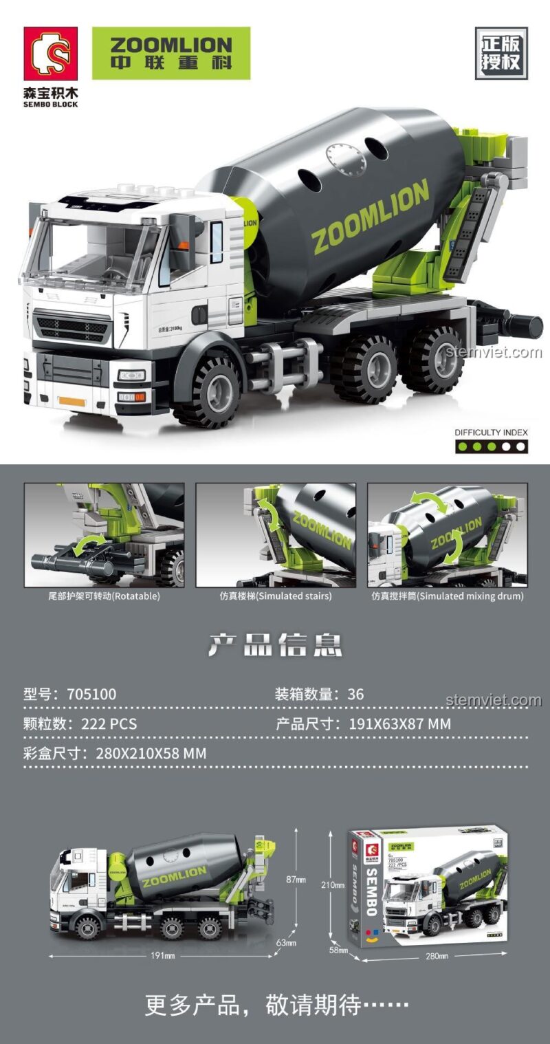 Poster quảng cáo chính thức của bộ lắp ráp Xe tải trộn bê tông Zoomlion SEMBO 705100, hiển thị thông tin sản phẩm và các chi tiết nổi bật.