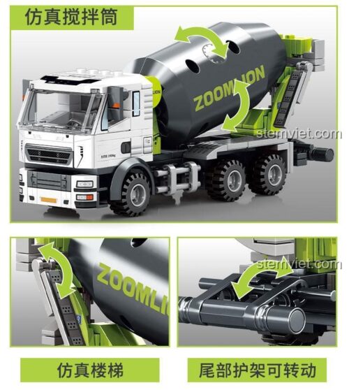 Hình ảnh mô tả các tính năng của đồ chơi xây dựng SEMBO 705100 Xe công trình, bao gồm bồn trộn và thang có thể xoay.