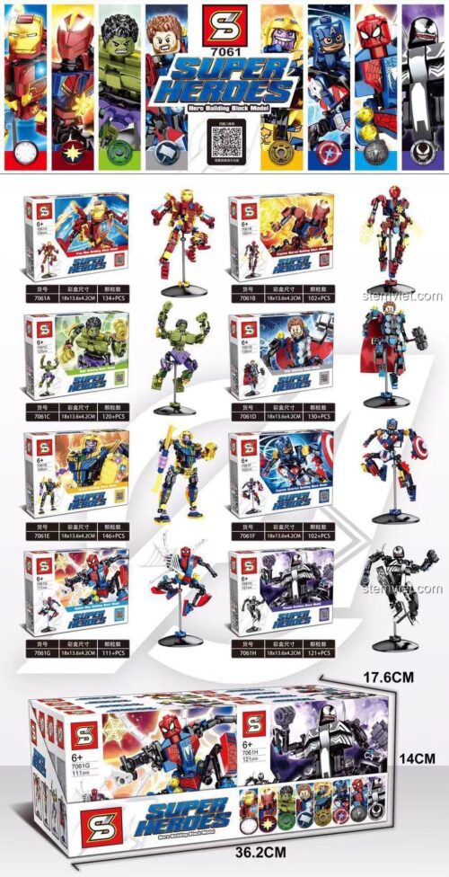 Kích thước chi tiết của bộ xếp hình Sembo 7061, figure lắp ráp Marvel với các nhân vật Thanos, Spider-Man, Venom, Captain Marvel.