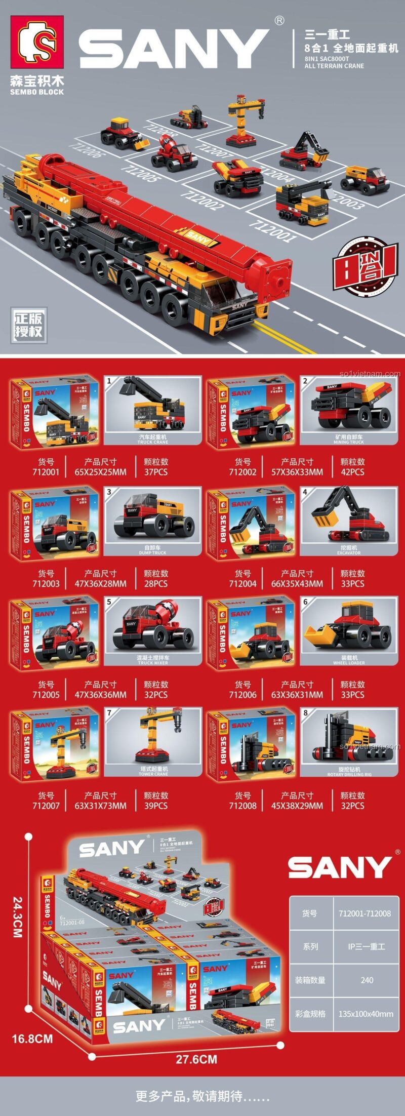 Hộp và chi tiết 8 mẫu xe nhỏ của bộ lắp ráp Xe công trình SANY 712008, đồ chơi mô hình Sembo chất lượng cao.