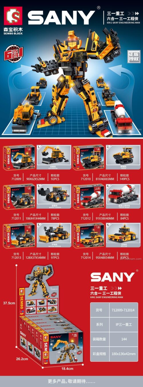 Hộp sản phẩm đồ chơi lắp ráp Sembo 712014 Robot biến hình 6 trong 1. Gồm 6 xe công trình có thể hợp thể thành robot cao 37.5cm.