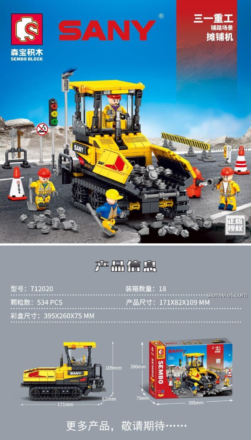 Thông số và kích thước chi tiết của đồ chơi xây dựng SEMBO 712020 Máy Trải Nhựa Đường Công Trình.