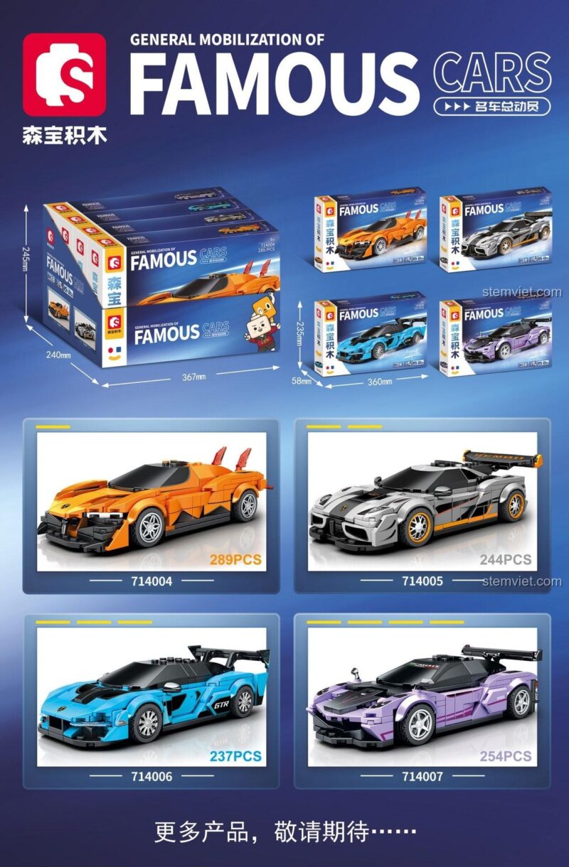 Bộ sưu tập siêu xe SEMBO Famous Cars, bao gồm Hypercar Apollo EVO 714004 và các mẫu xe đua khác.