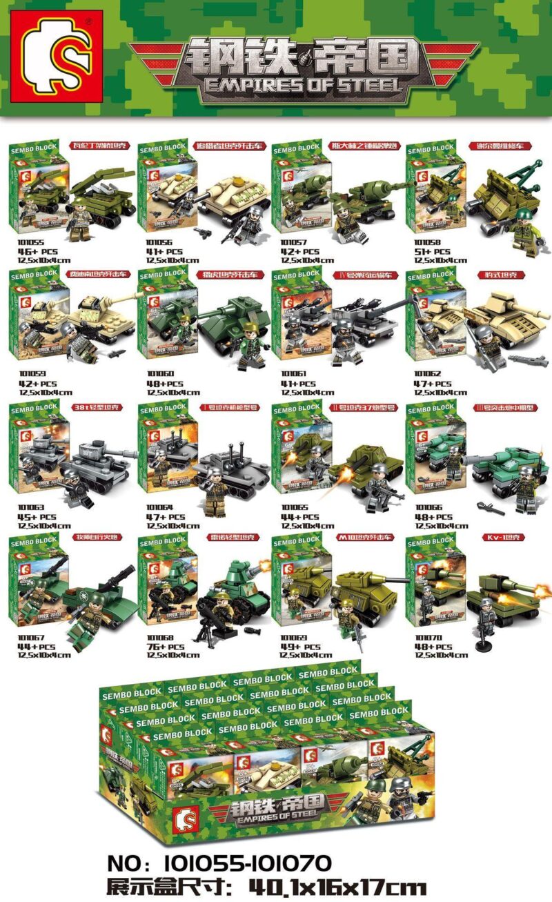 Chi tiết bộ lắp ghép Xe Tăng Quân Sự SEMBO Block 101055-101070, mô tả các mẫu xe tăng và minifigure