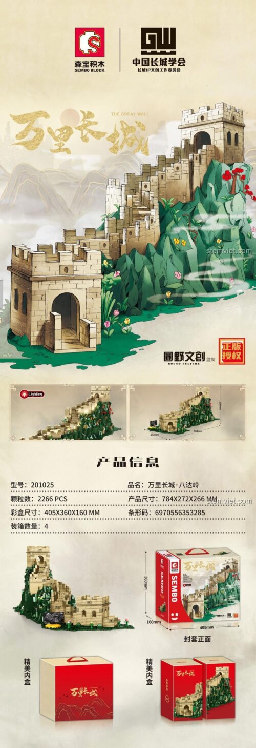 Thông tin chi tiết bộ xếp hình Vạn Lý Trường Thành SEMBO BLOCK 201025, bao gồm kích thước mô hình, kích thước hộp và số mảnh ghép.