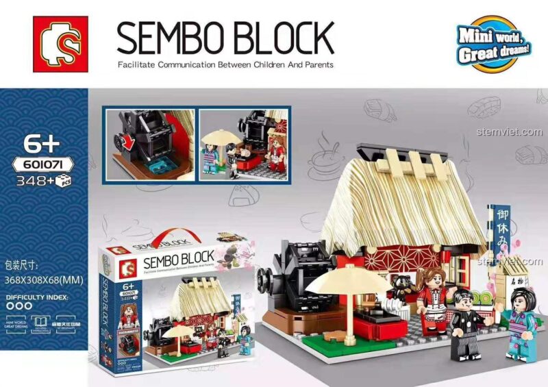 Hộp sản phẩm bộ lắp ghép SEMBO Block 601071 Nhà Trà Nhật Bản 348 mảnh ghép, đồ chơi giáo dục chất lượng cao cho trẻ 6+.