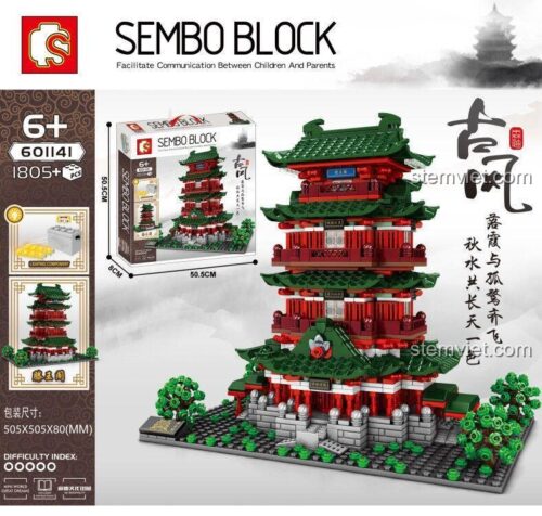 Hộp bộ lắp ráp Lầu Đằng Vương Các Nam Xương SEMBO Block 601141, hiển thị kích thước hộp 50.5x50.5x8cm, có linh kiện đèn LED và 1805 mảnh ghép, phù hợp cho bé 6 tuổi.